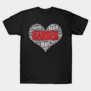 Barber Heart Shape Word Cloud Design Haircutter print T-Shirt